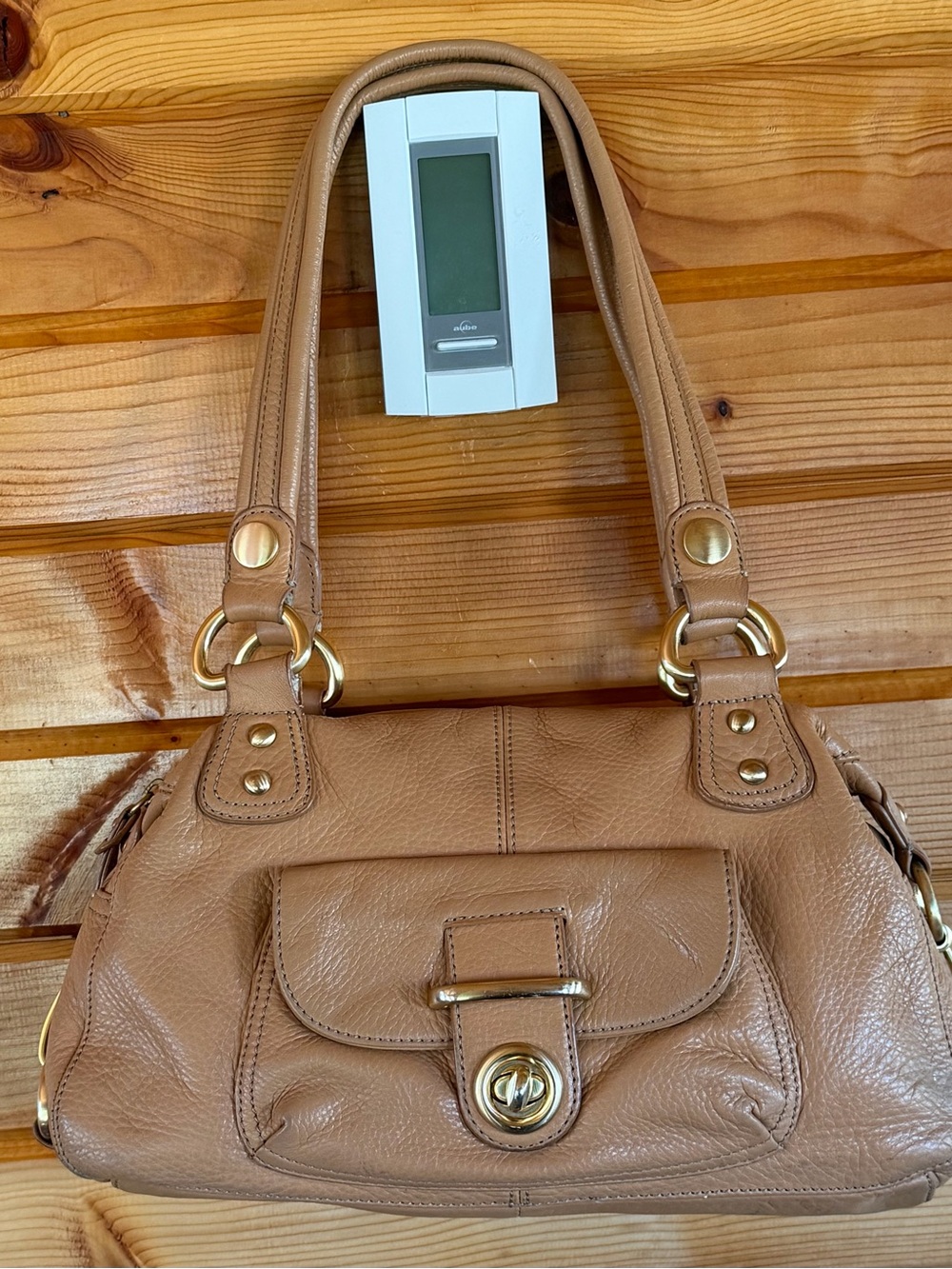 Scarlett Blake Pebble Leather Shoulder Bag in Tan with Gold Hardware